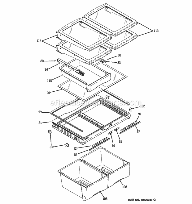 GE GDSC0KBXCRWW Fresh Food Shelves Diagram