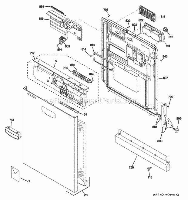 GE GDWF160V00SS Escutcheon & Door Assembly Diagram