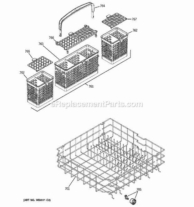 GE GHD6310L15SS Dishwasher Lower Rack Assembly Diagram