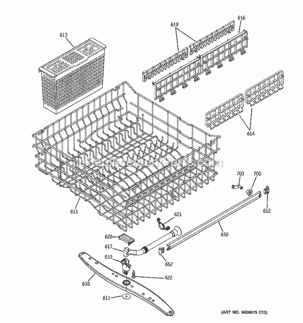 GE GHD6711L15SS Dishwasher Upper Rack Assembly Diagram