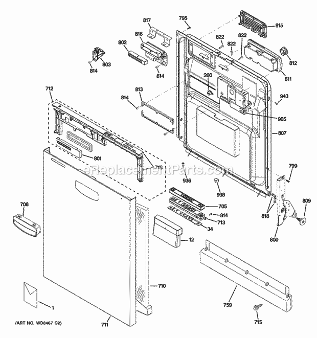 GE GHDT108V50BB Escutcheon & Door Assembly Diagram