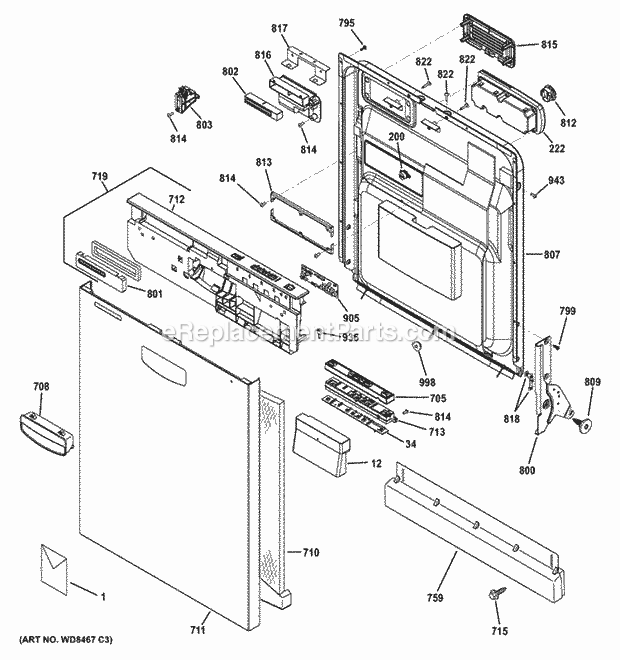 GE GHDT158V55ES Escutcheon & Door Assembly Diagram