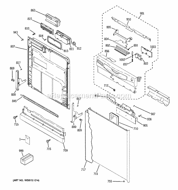 GE GLD4100M00WW Dishwasher Escutcheon & Door Assembly Diagram