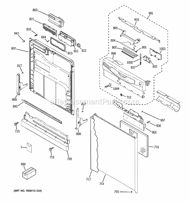 GE GLD5700N10BB Dishwasher Escutcheon & Door Assembly Diagram