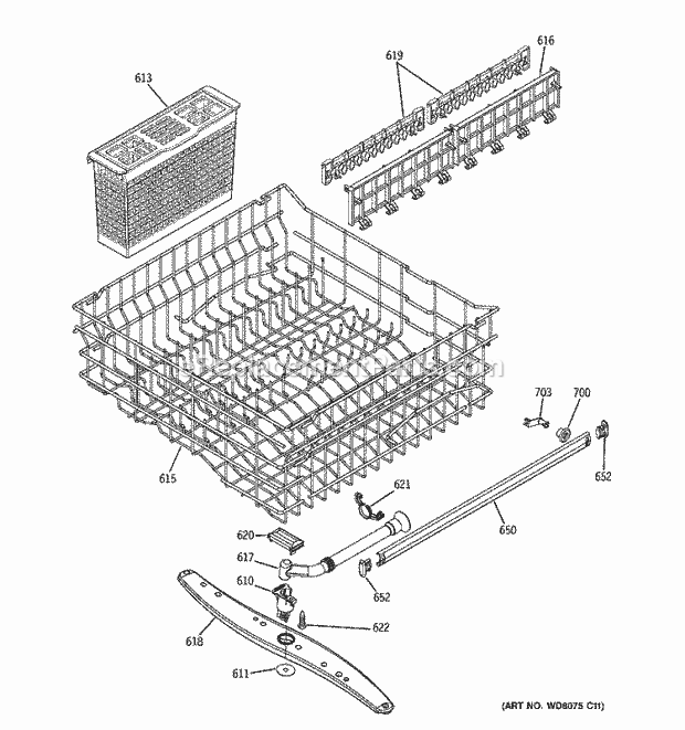 GE GLD6300L00WW Dishwasher Upper Rack Assembly Diagram