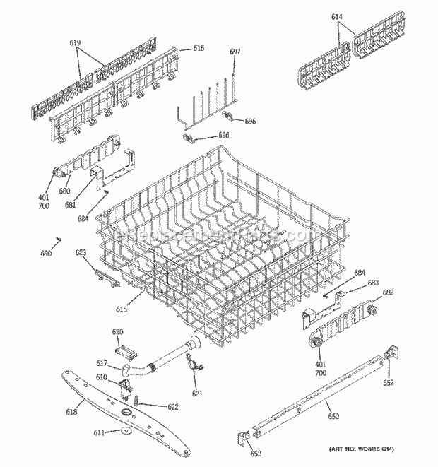 GE GLD6600N10BB Dishwasher Upper Rack Assembly Diagram