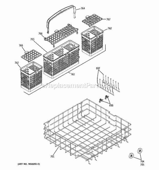 GE GLD6600N20BB Dishwasher Lower Rack Assembly Diagram