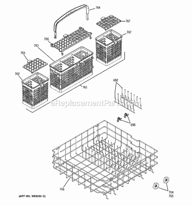 GE GLD6700N20CC Dishwasher Lower Rack Assembly Diagram