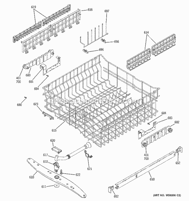 GE GLD6710N20CC Dishwasher Upper Rack Assembly Diagram