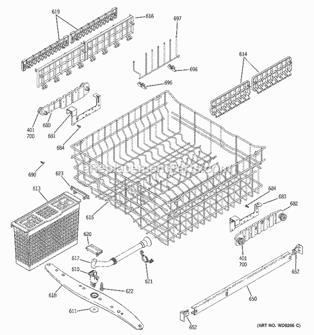 GE GLD6800N20CC Dishwasher Upper Rack Assembly Diagram