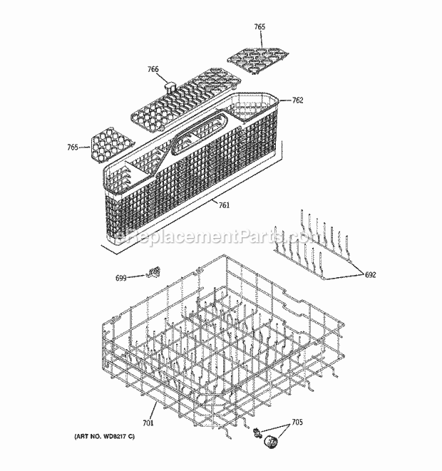 GE GLDL500N00CC Dishwasher Lower Rack Assembly Diagram