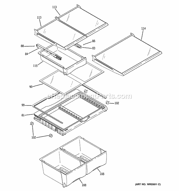 GE GNE22GGEAFBB Fresh Food Shelves Diagram