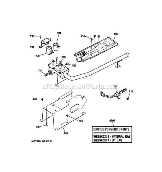 GE GRDN510GM0WS Gas Valve & Burner Assembly Diagram