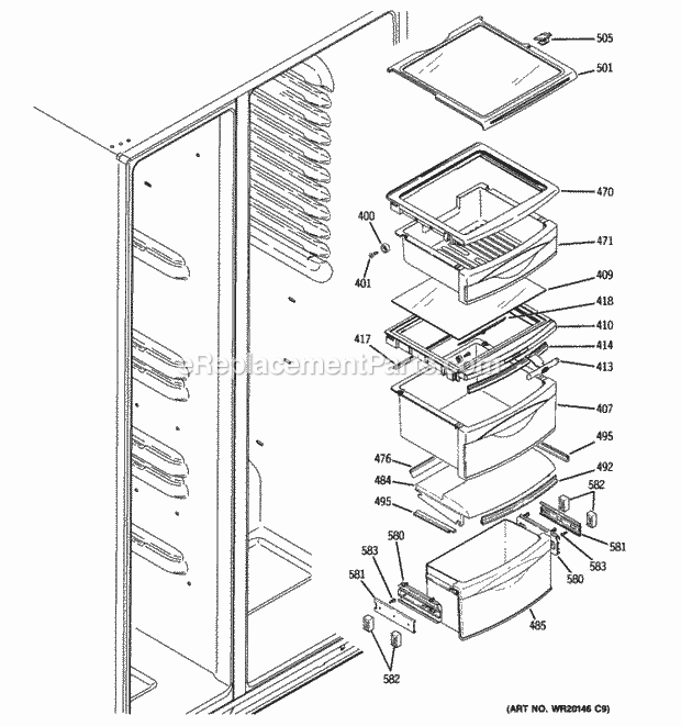 GE GSC22QGTIWW Fresh Food Shelves Diagram