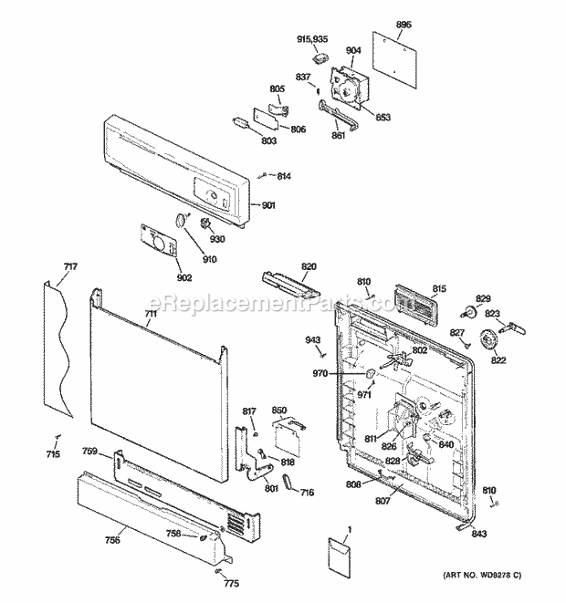 GE GSD1100N10WW Dishwasher Escutcheon & Door Assembly Diagram