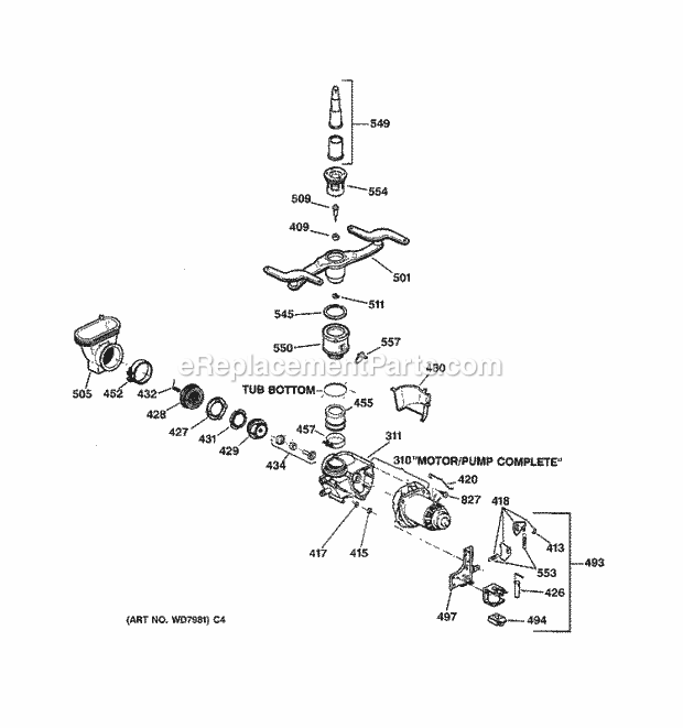 GE GSD1150X73 Dishwasher Motor - Pump Mechanism Diagram