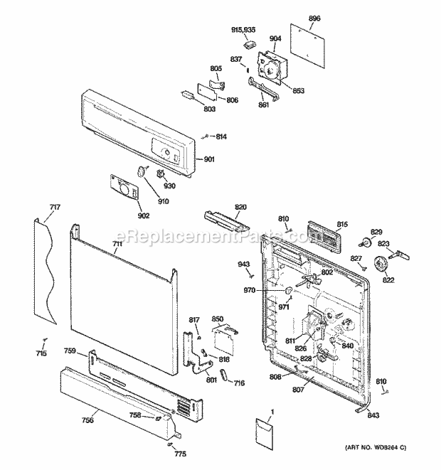 GE GSD1300N10WW Dishwasher Escutcheon & Door Assembly Diagram