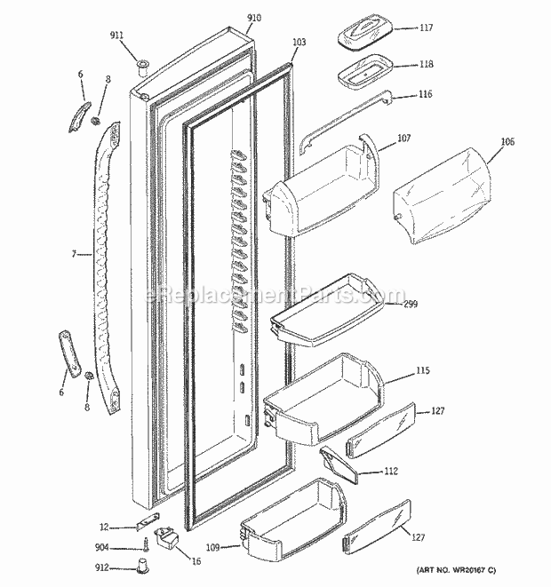 GE GSE25MGTECWW Refrigerator T Series Fresh Food Door Diagram