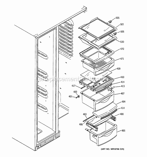 GE GSF25TGWABB Refrigerator W Series Fresh Food Shelves Diagram