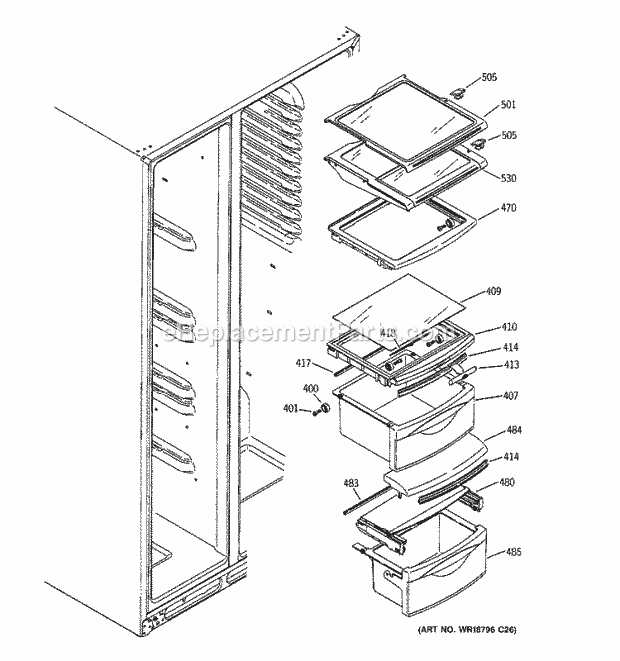 GE GSF25TGWCBB Refrigerator W Series Fresh Food Shelves Diagram