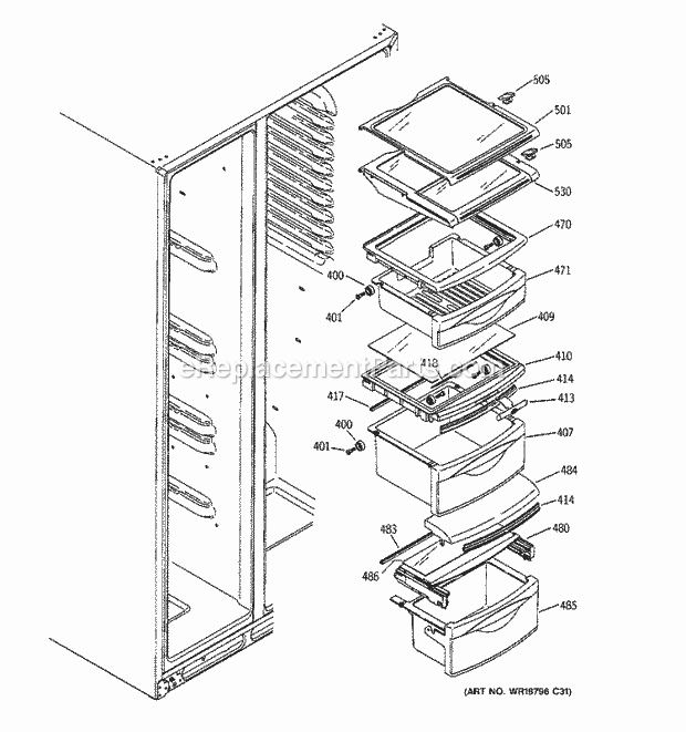 GE GSF26KHWABB Refrigerator W Series Fresh Food Shelves Diagram