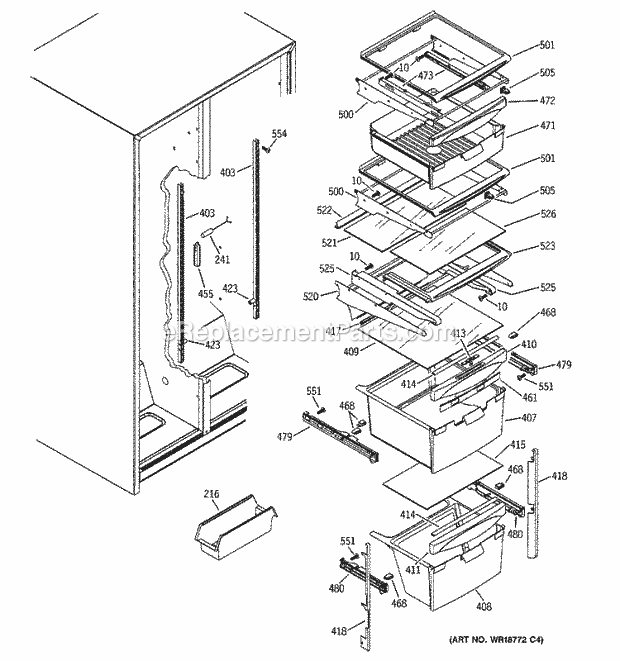 GE GSH22KGMCWW Refrigerator Fresh Food Shelves Diagram