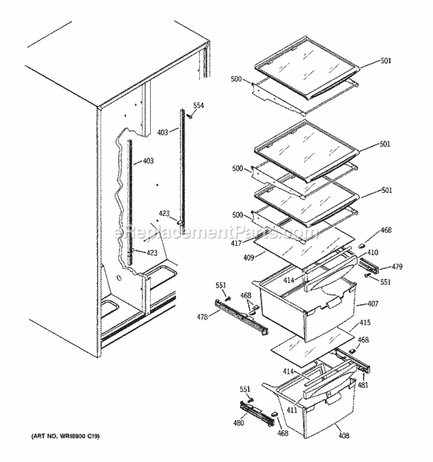 GE GSL22JFPCBS Refrigerator Fresh Food Shelves Diagram