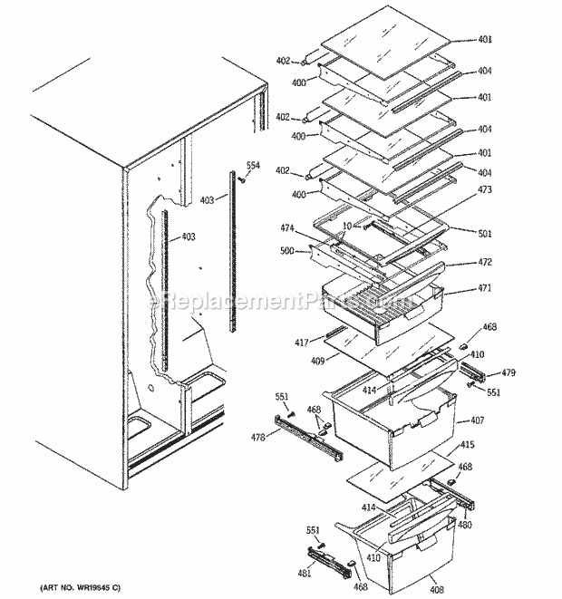 GE GSL25IGRBBS Refrigerator Fresh Food Shelves Diagram