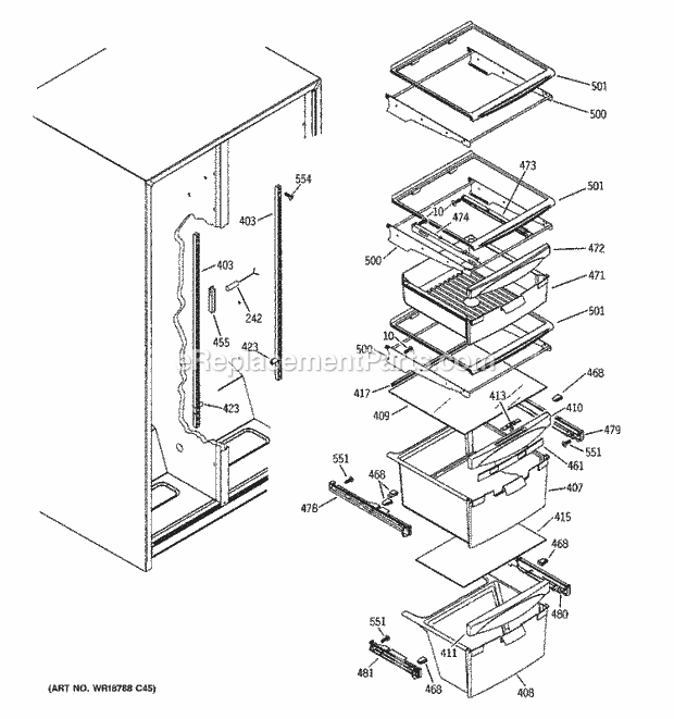 GE GSL25JFTCBS Refrigerator T Series Fresh Food Shelves Diagram