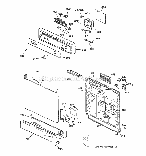 GE GSM2100ZZ2WH Dishwasher Escutcheon & Door Assembly Diagram