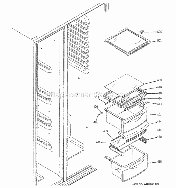 GE GSS25KGTEWW Refrigerator Fresh Food Shelves Diagram