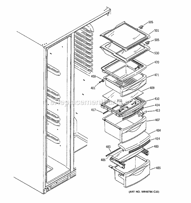 GE GSS25KSWASS Refrigerator W Series Fresh Food Shelves Diagram