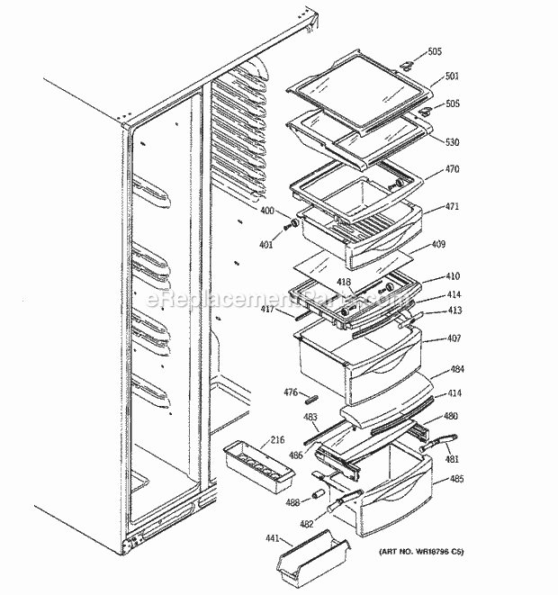 GE GSS25LGMAWW Refrigerator Fresh Food Shelves Diagram