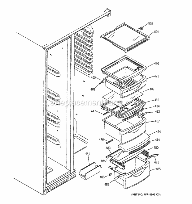 GE GSS25TGMEBB Refrigerator Fresh Food Shelves Diagram