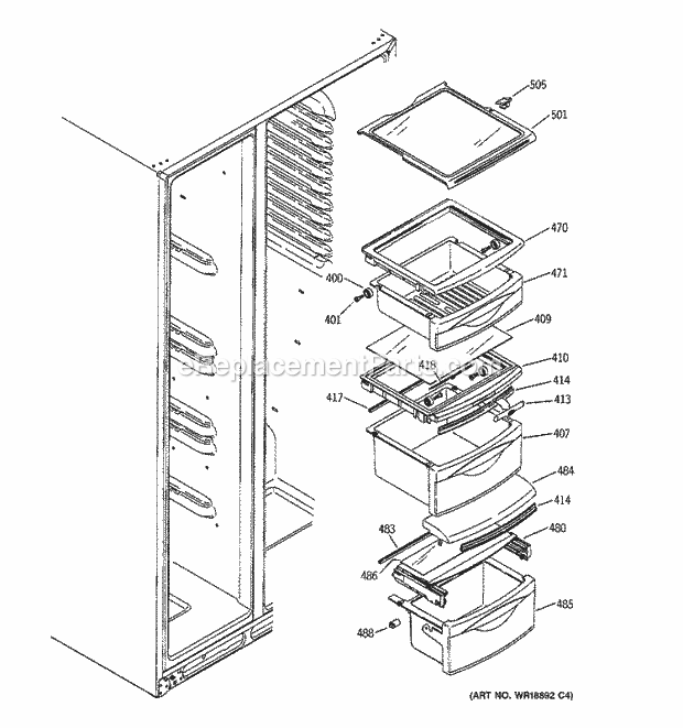 GE GSS25TGPAWW Refrigerator Fresh Food Shelves Diagram