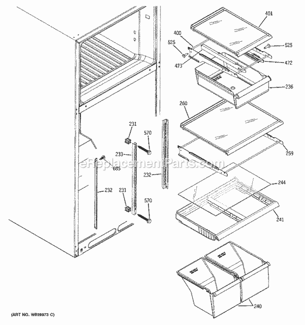 GE GTH18JBRVRWW Refrigerator Fresh Food Shelves Diagram