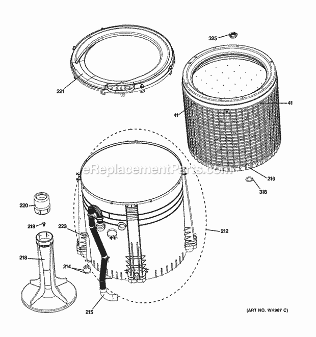 GE GTUN275EM0WW Tub, Basket & Agitator Diagram