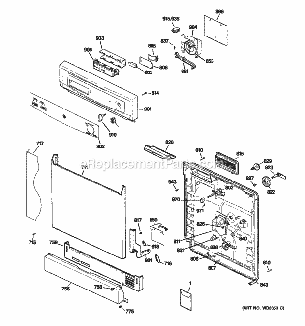 GE HDA2000T00WW Dishwasher Escutcheon & Door Assembly Diagram