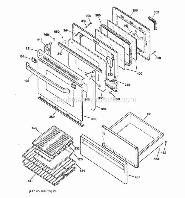 GE JB940BY4 Electric Range Door & Drawer Parts Diagram