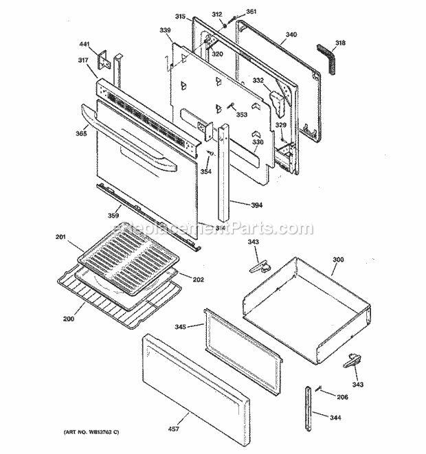 GE JBP21WH3WW Electric Range Door & Drawer Parts Diagram