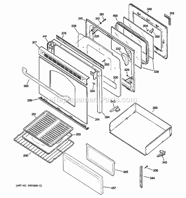 GE JBP27WL1WW Electric Range Door & Drawer Parts Diagram