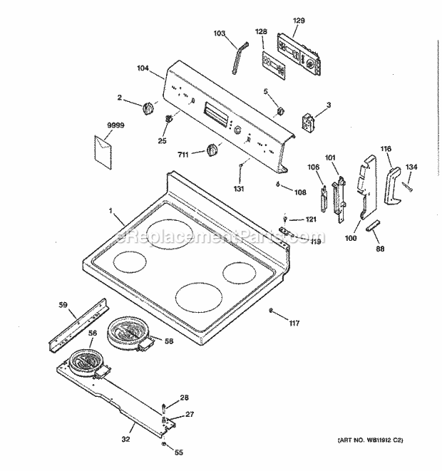 GE JBP61BD2WH Electric Range Controls & Cooktop Diagram