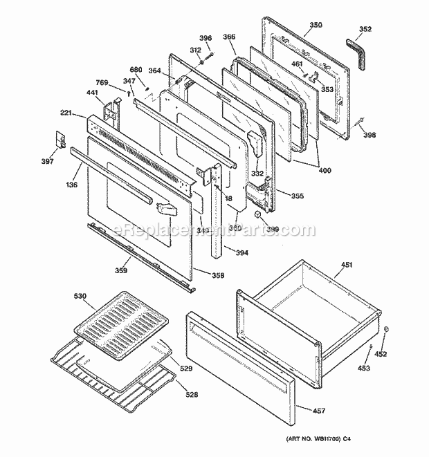 GE JBP76WIY3 Electric Range Door & Drawer Parts Diagram