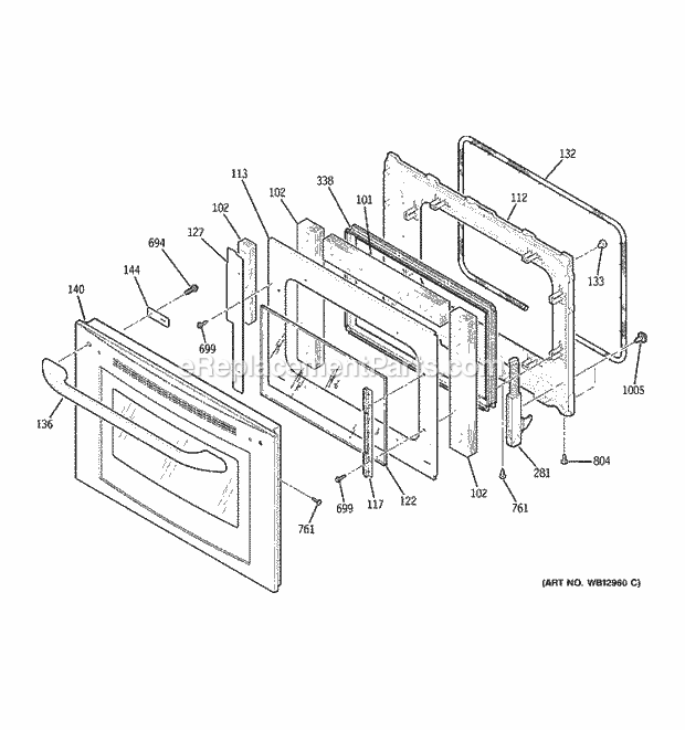 GE JT980WH1WW Electric Range Lower Oven Door Diagram