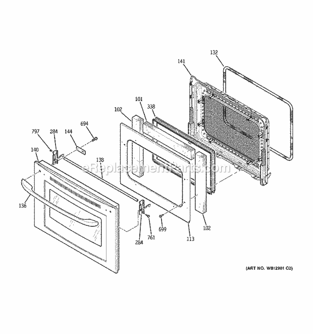 GE JT980WH2WW Electric Range Upper Oven Door Diagram