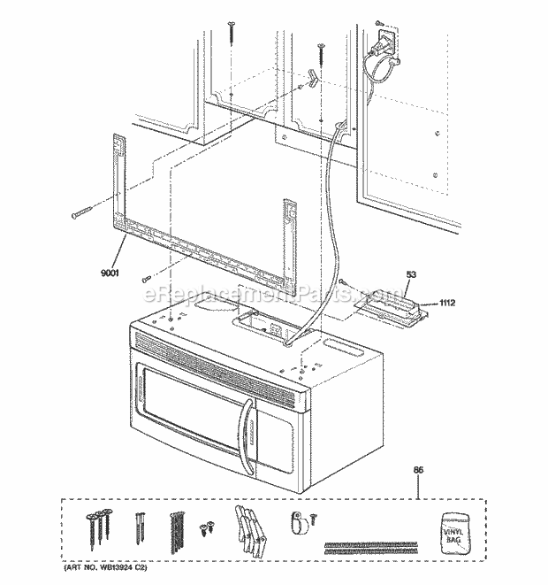 GE JVM1540DM2CC Microwave Installation Parts Diagram