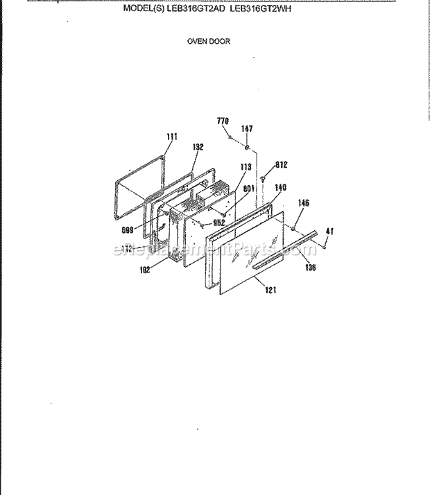 GE LEB316GT2WH Electric Range Oven Door Diagram