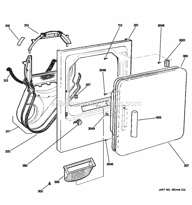 GE NBXR333EG4WW Residential Electric Dryer Front Panel & Door Diagram