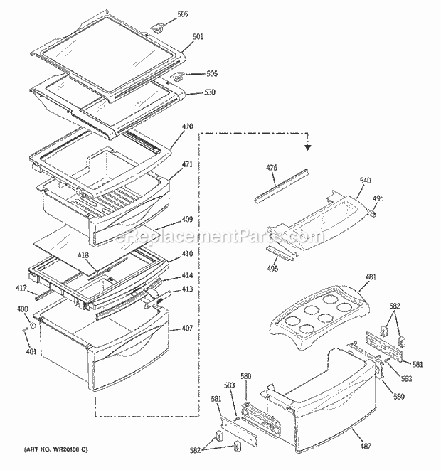 GE PCF25MGWABB Refrigerator W Series Fresh Food Shelves Diagram