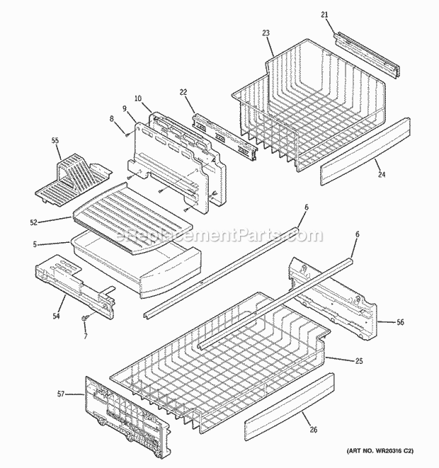 GE PDCE1NBWADBB Bottom Mount Refrigerator Freezer Shelves Diagram